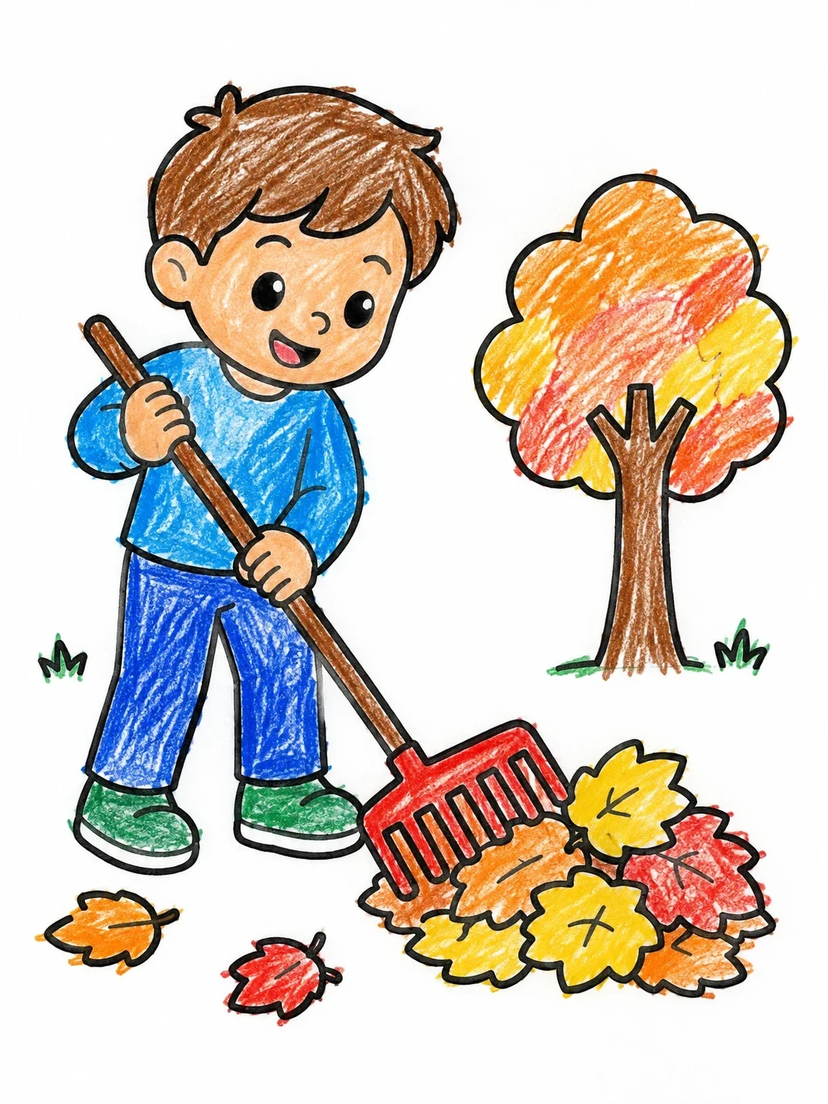 Colored example of the Boy Raking Autumn Leaves coloring page