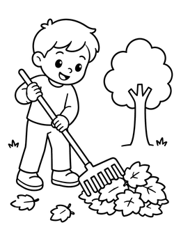 Free printable Boy Raking Autumn Leaves coloring page