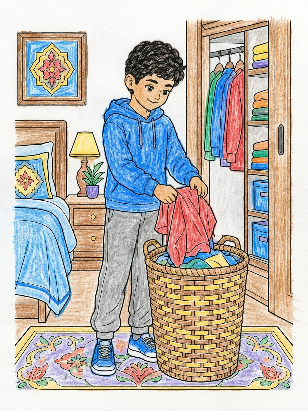 Colored example of the Boy Sorting Laundry In Bedroom coloring page