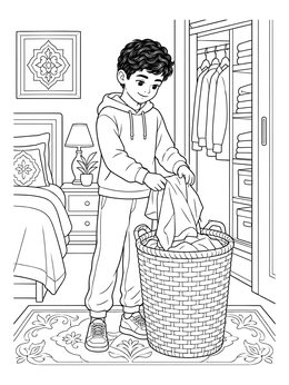 Free printable Boy Sorting Laundry In Bedroom coloring page
