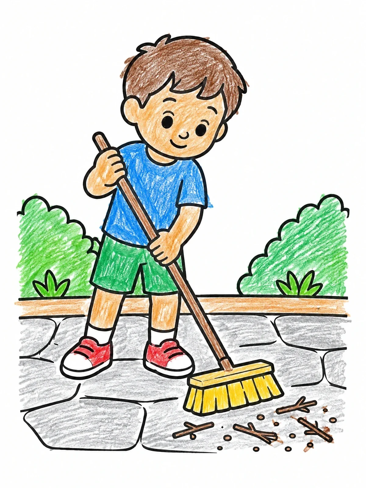 Colored example of the Boy Sweeping The Patio coloring page