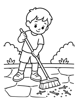 Free printable Boy Sweeping The Patio coloring page