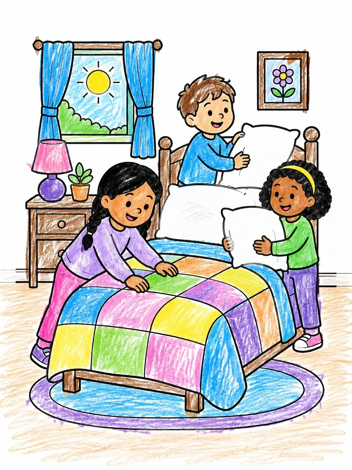 Colored example of the Children Making The Bed Together coloring page