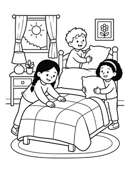 Free printable Children Making The Bed Together coloring page