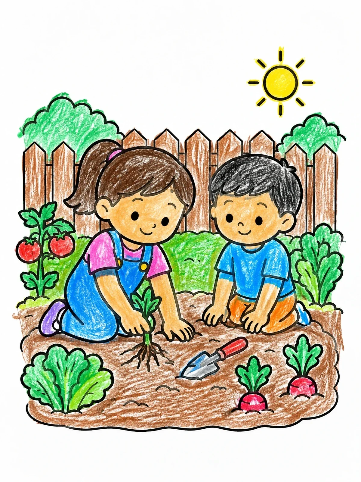 Colored example of the Children Weeding The Garden coloring page
