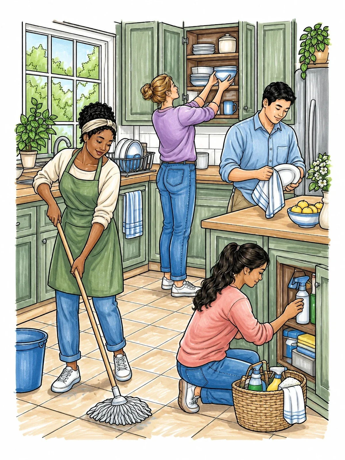 Colored example of the Family Cleaning The Kitchen Together coloring page