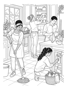 Free printable Family Cleaning The Kitchen Together coloring page