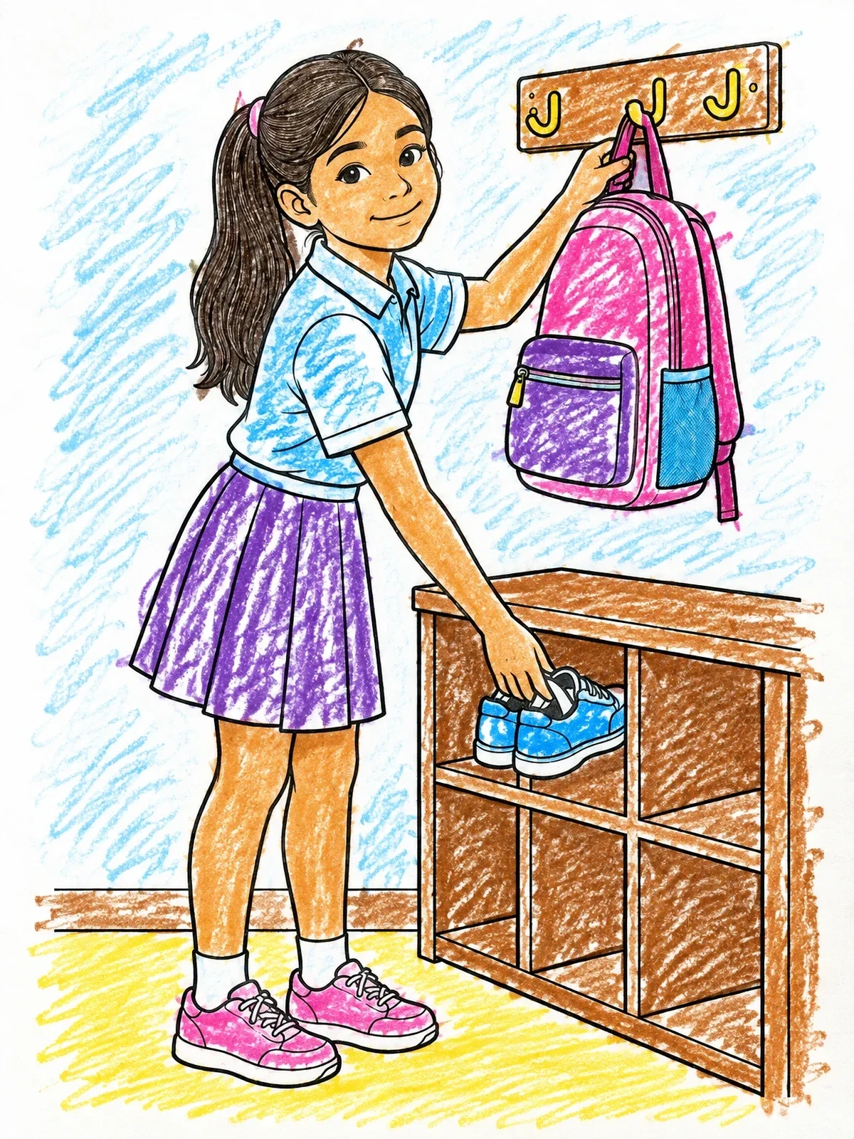 Colored example of the Organizing School Bag And Shoes coloring page