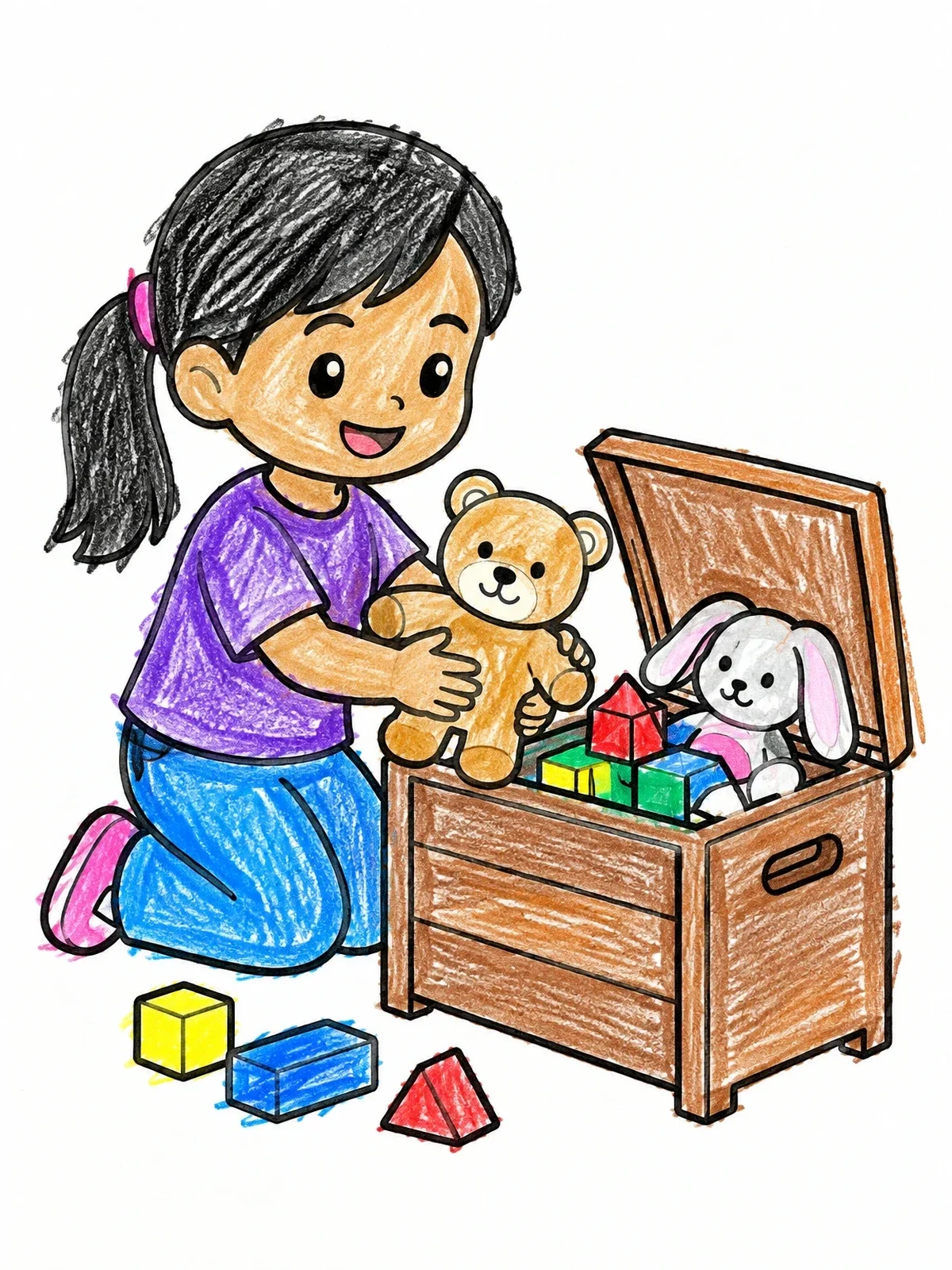 Colored example of the Girl Tidying Toys In Chest coloring page