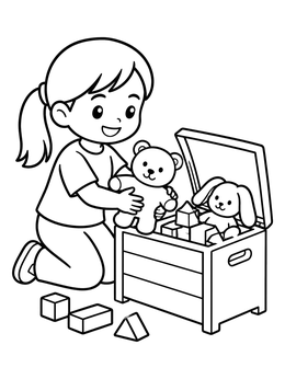 Free printable Girl Tidying Toys In Chest coloring page