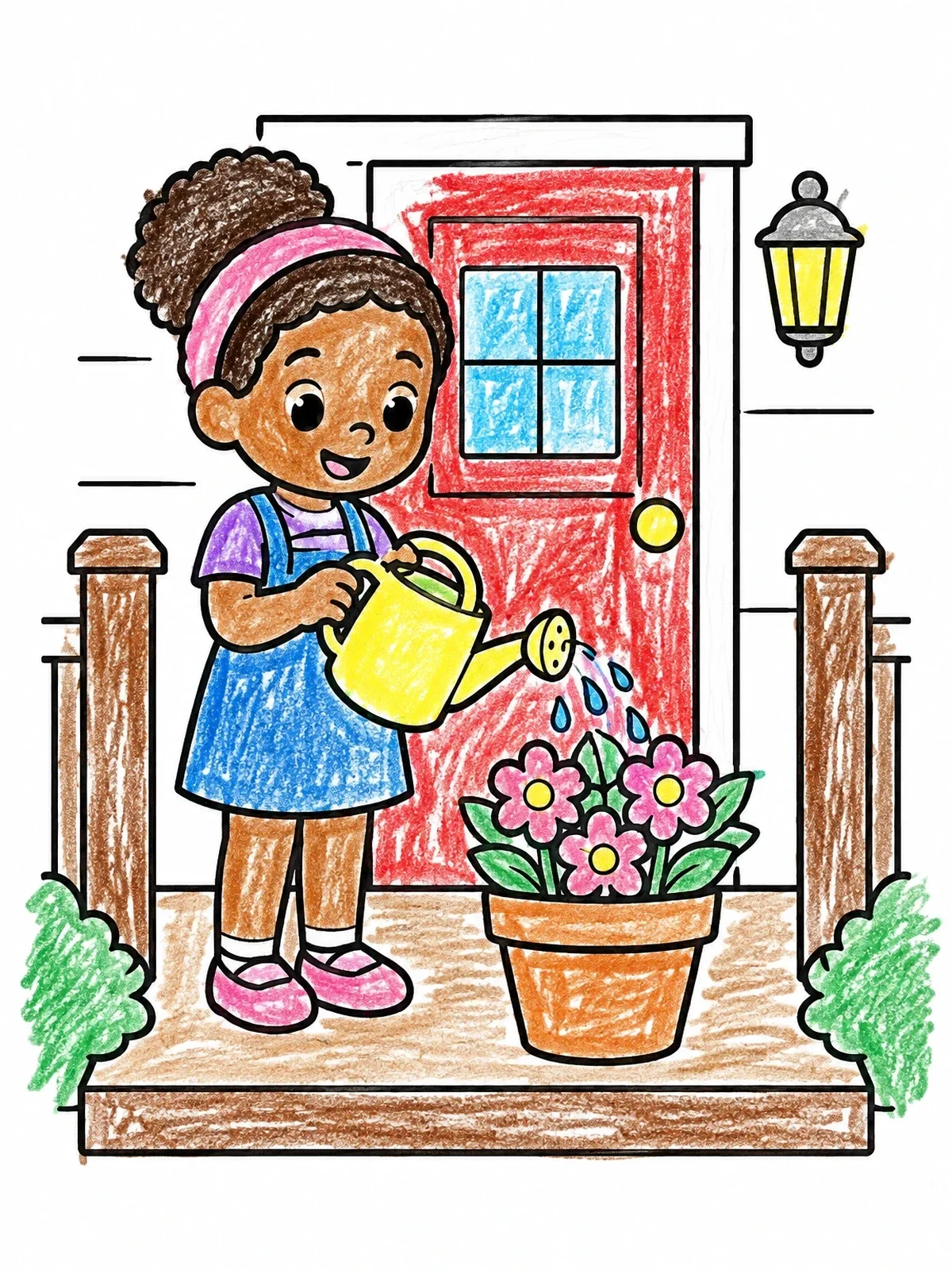 Colored example of the Girl Watering Porch Flowers coloring page