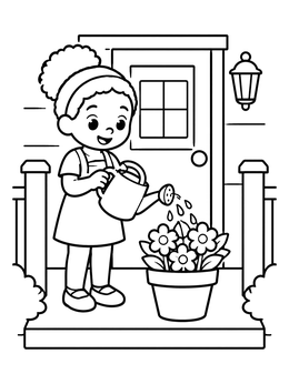 Free printable Girl Watering Porch Flowers coloring page