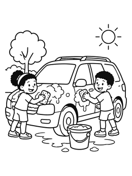 Free printable Kids Washing The Family Car coloring page