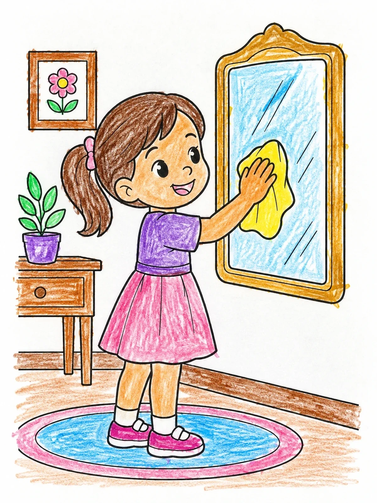 Colored example of the Little Girl Cleaning The Mirror coloring page