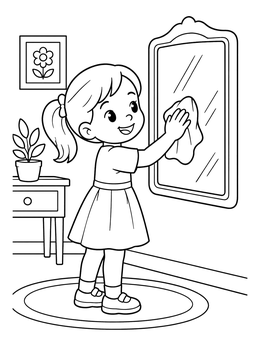 Free printable Little Girl Cleaning The Mirror coloring page