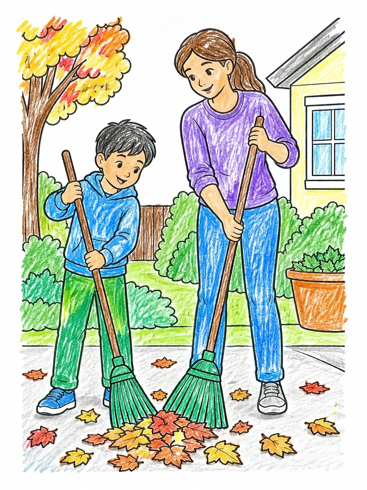 Colored example of the Raking Autumn Leaves Together coloring page