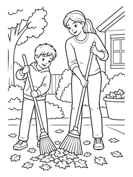 Free printable Raking Autumn Leaves Together coloring page