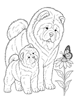 A fluffy dog and pup look at a butterfly in this chow chow coloring page.