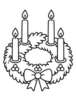 An Advent wreath with four lit candles on this christian christmas coloring page.