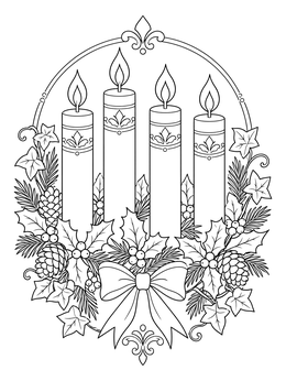 A christian christmas coloring page showing four burning Advent candles in a wreath with holly and pinecones.