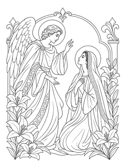 The Annunciation in this christian christmas coloring page with lilies and flowing robes.