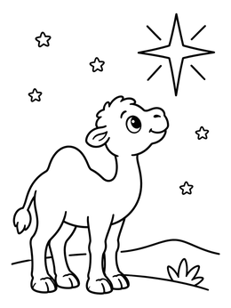 Free printable Cute Camel Looking At The Christmas Star coloring page
