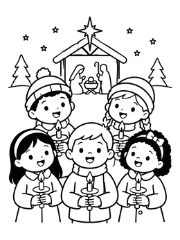 A christian christmas coloring page showing cheerful children holding candles in front of a nativity scene.