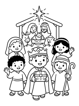 Kids acting in a christian christmas coloring page with a young king and nativity scene.