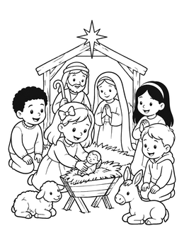 Children admiring baby Jesus in this christian christmas coloring page.