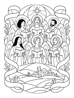 A heavenly choir sings over Bethlehem in this christian christmas coloring page framed by flowing ribbons.