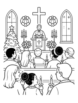 A serene christian christmas coloring page showing a church congregation holding candles during Christmas Eve service.