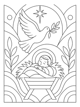 A peaceful dove flies over sleeping baby Jesus in this christian christmas coloring page.