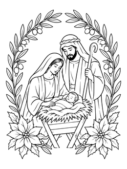 A christian christmas coloring page showing Mary, Joseph, and baby Jesus framed by olive branches and poinsettias.