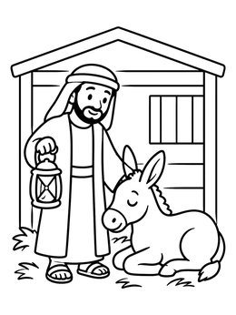 Free printable Joseph And Resting Donkey In Stable coloring page