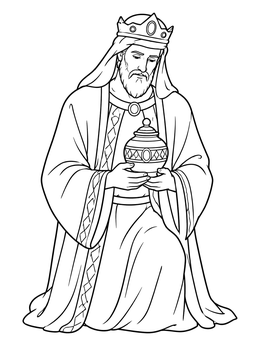 A kneeling king holding a jar on this christian christmas coloring page.