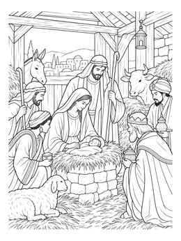 A detailed christian christmas coloring page featuring Mary, Joseph, baby Jesus, and the Magi in a stable.