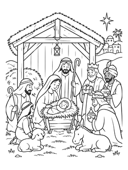 A detailed christian christmas coloring page of baby Jesus, Mary, Joseph, shepherds, and the three wise men.