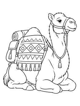 A resting nativity camel appears in this christian christmas coloring page.