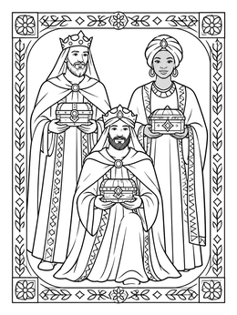 Three Wise Men holding treasure chests inside an ornamental frame in this christian christmas coloring page.