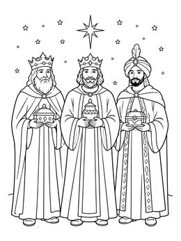 Three Wise Men holding gifts under the star in this christian christmas coloring page.