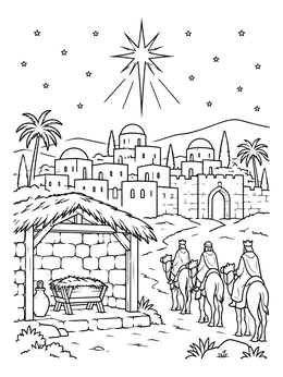 Three wise men travel toward Bethlehem in this christian christmas coloring page.