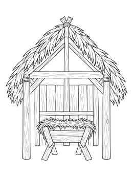 A peaceful christian christmas coloring page featuring an empty manger under a thatched wooden stable.