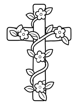 A simple cross coloring page wrapped in blooming flower vines.