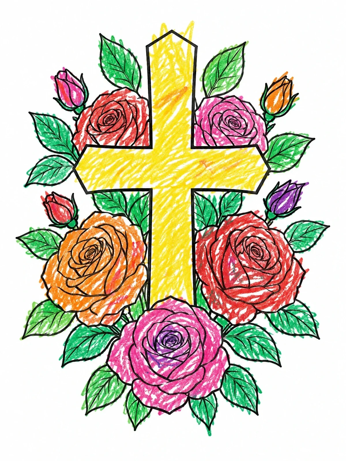 Colored example of the Christian Cross Framed By Blooming Roses coloring page