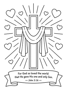 A draped cross surrounded by rays and hearts in this cross and heart coloring page with John 3:16 text.