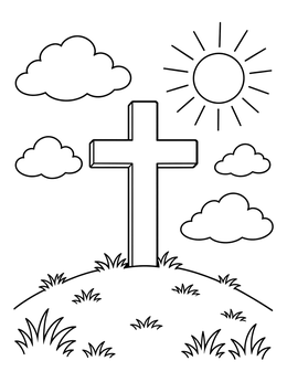 A simple cross coloring page standing on a grassy hill with clouds and a bright sun.