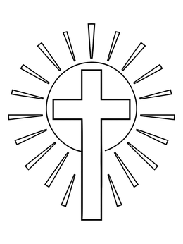 A simple cross coloring page with a circular halo and radiating light beams.