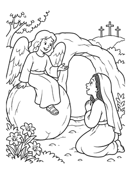 An angel greets Mary Magdalene in this christian easter coloring page.