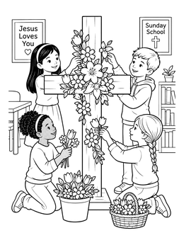 Children decorate a cross in this christian easter coloring page.
