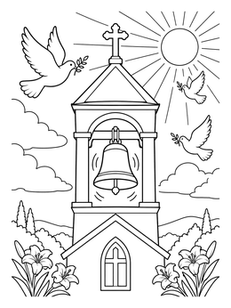 A church bell tower rings under a bright sun in this christian easter coloring page with flying doves.